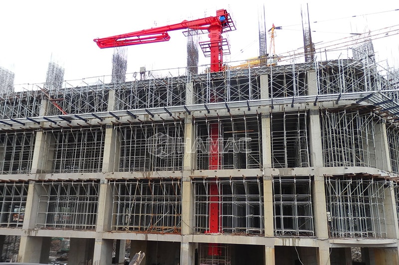 Self climbing concrete placing boom is fixed in the roof of each floor