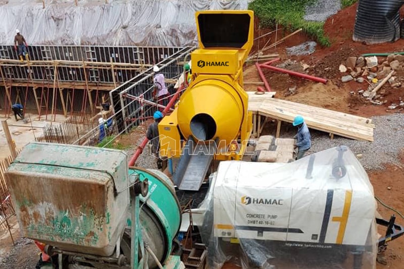 Diesel concrete mixer works together with trailer concrete pump