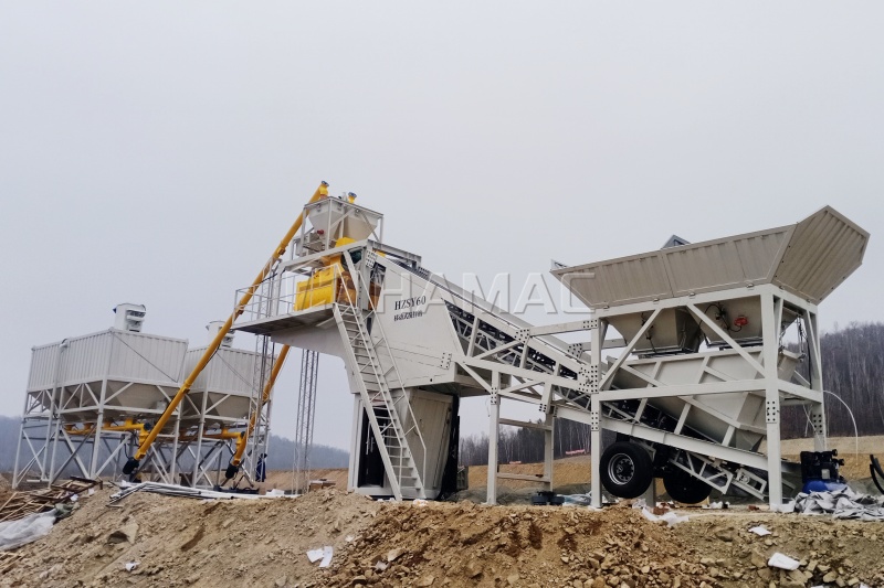 Mobile concrete batching plant working on a highway project